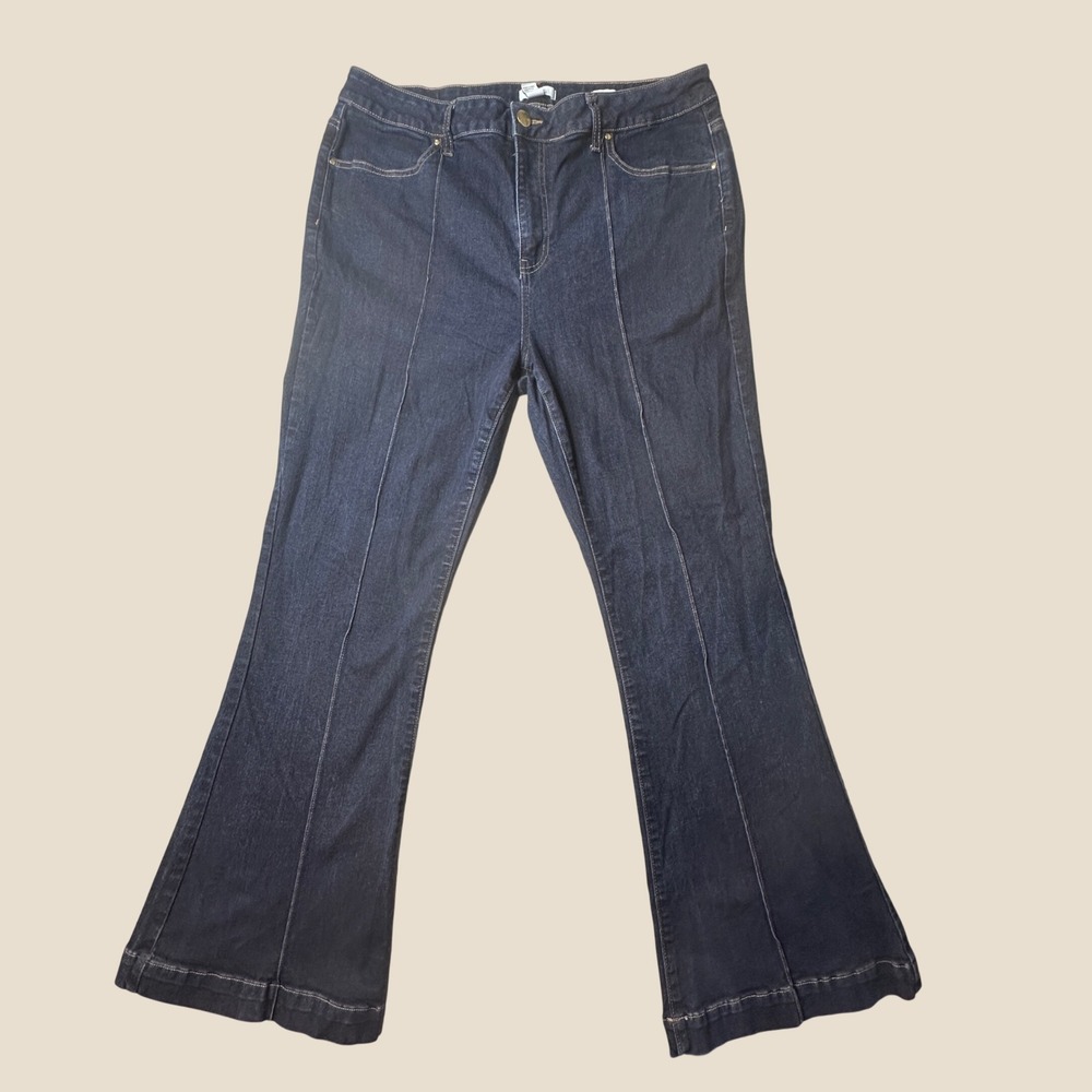 Forever 21 Jeans Womens 16 High Rise Flare Dark Blue Front Seam Flap Pocket